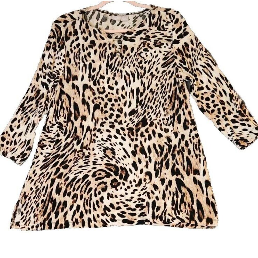 Chicos Travelers Black Brown Leopard Print Neck Detail Top Slinky Acetate Sz 1 M